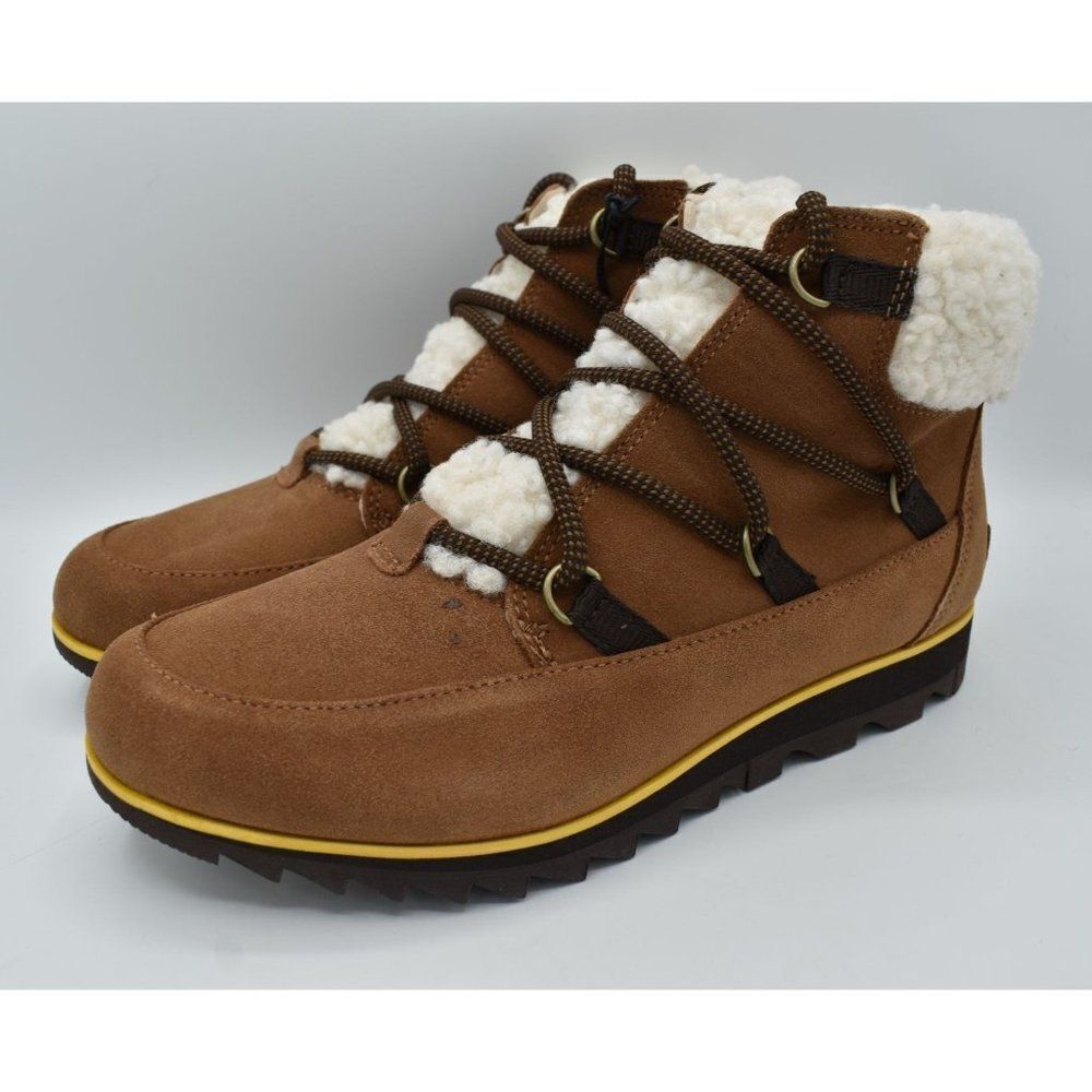 Sorel Womens Sz 8.5 Harlow Lace Cozy Velvet Tan Blackened Brown Waterproof Boots